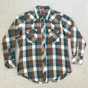 Vintage Miller Mens Shirt Western Pearl Snap Plaid 16x34 Yoke Brown Blue White